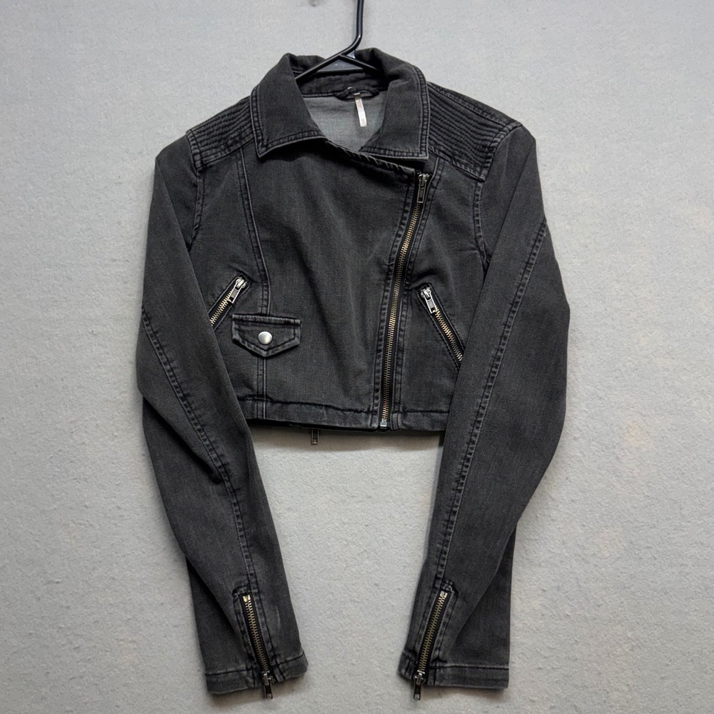 Free People Womens XS Black Denim Moto Jacket Cropped Biker Asymmetrical Zip